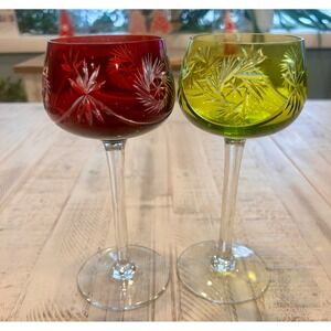 Vintage Cut Crystal  Glasses Red Green Set of 2 Hand Etched Starburst Pattern